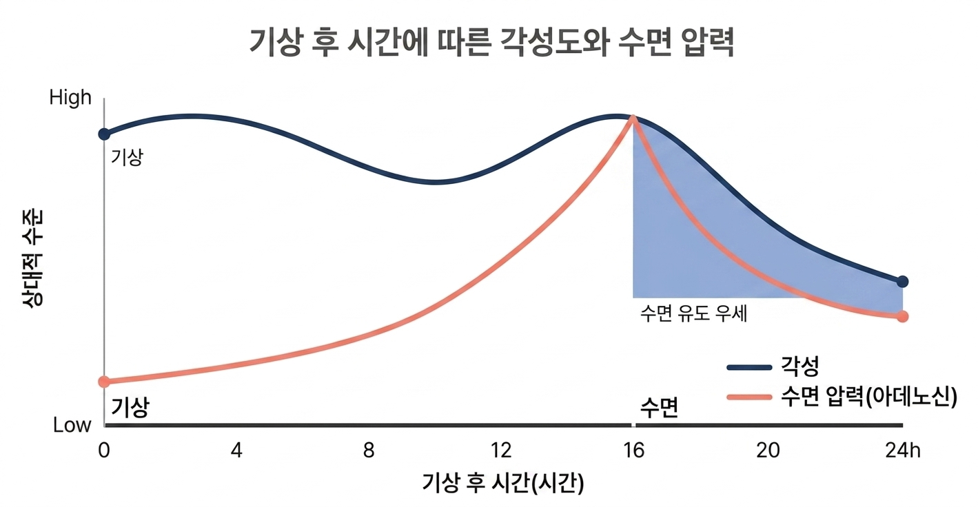 수면을 취하면 아데노신 농도가 낮아지고 깨어 있는 동안 다시 올라가는 수면 압력 사이클 그래프