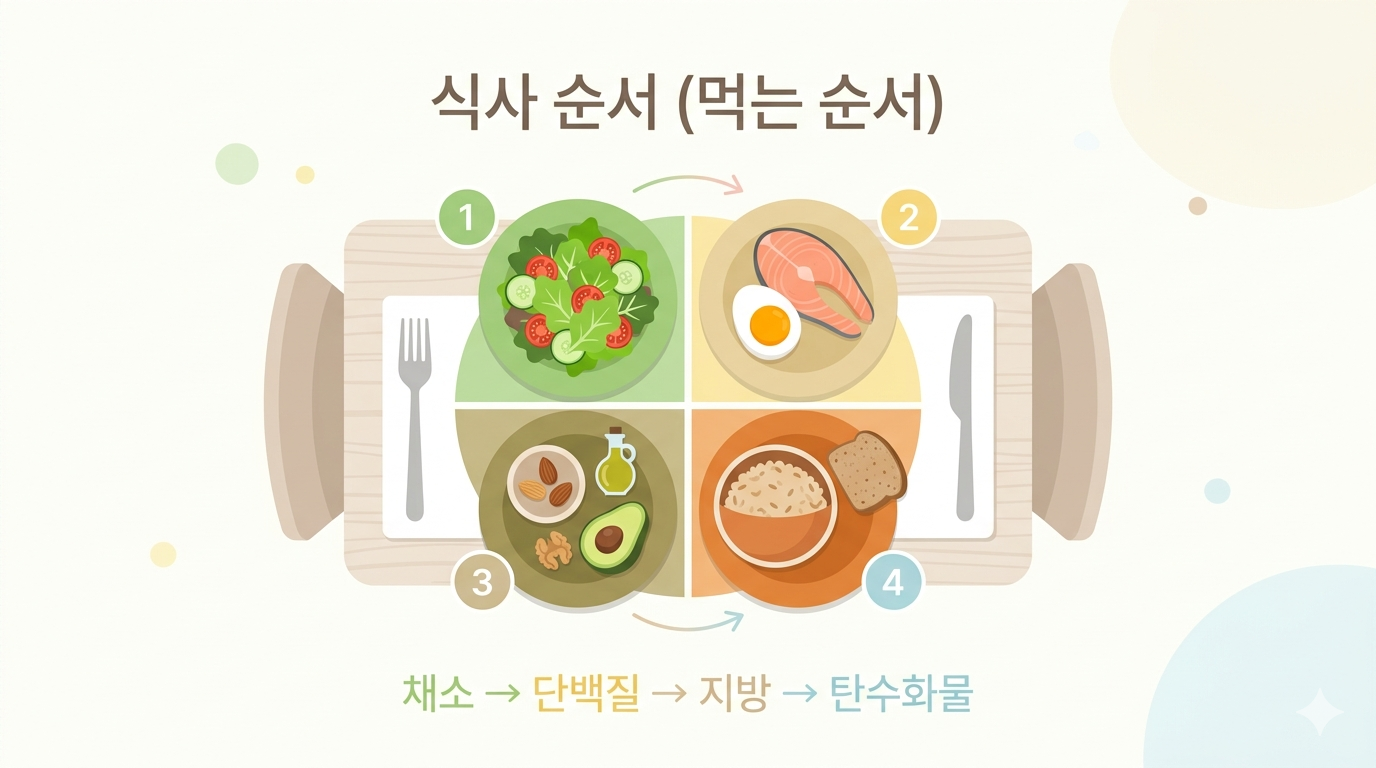 베지퍼스트 식사 순서 안내 - 채소, 단백질, 지방, 탄수화물 순서로 먹기