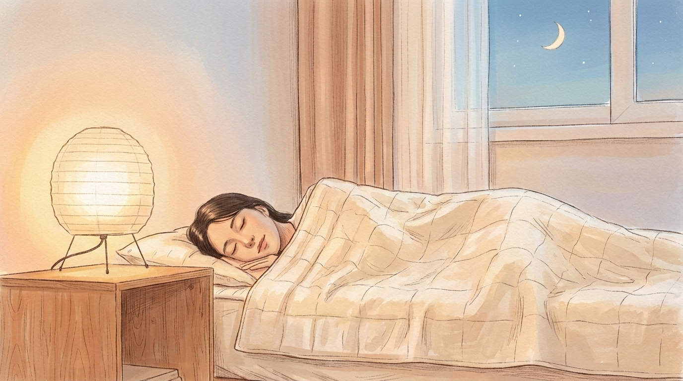 따뜻한 일러스트풍으로 그린, 밤에 편안히 잠든 수면 장면 대표 이미지